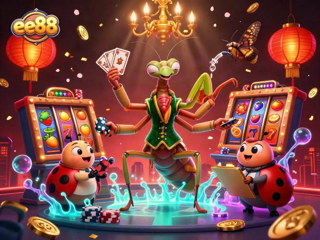 Engage in ee88 slot adventures with a rich 3D illustration showcasing vibrant gaming elements and animated characters.