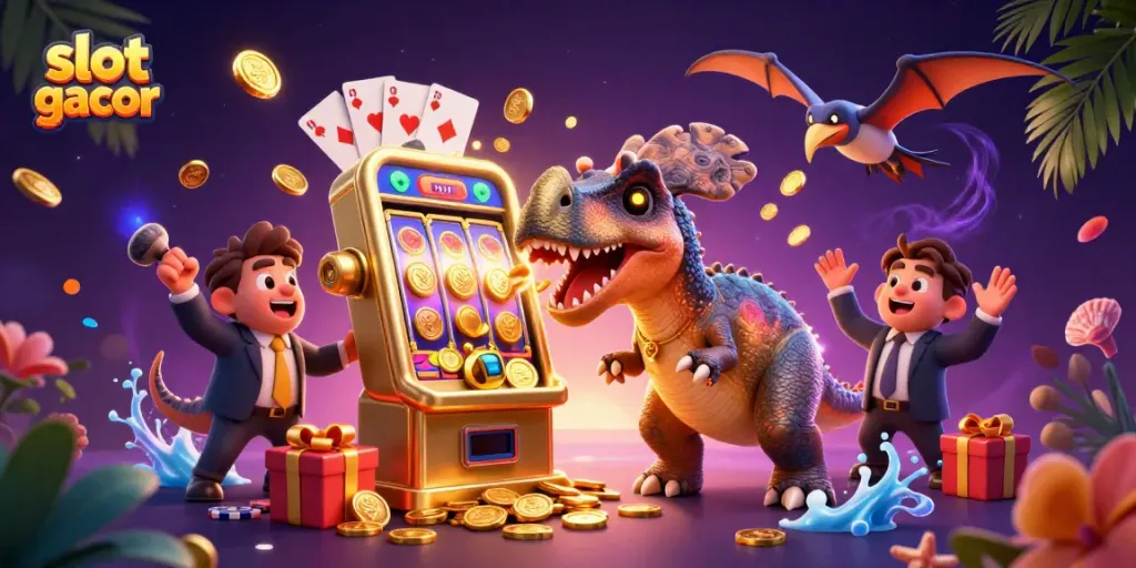 Engage with slot gacor excitement as a pachycephalosaurus hits a golden slot machine, coins flying everywhere!