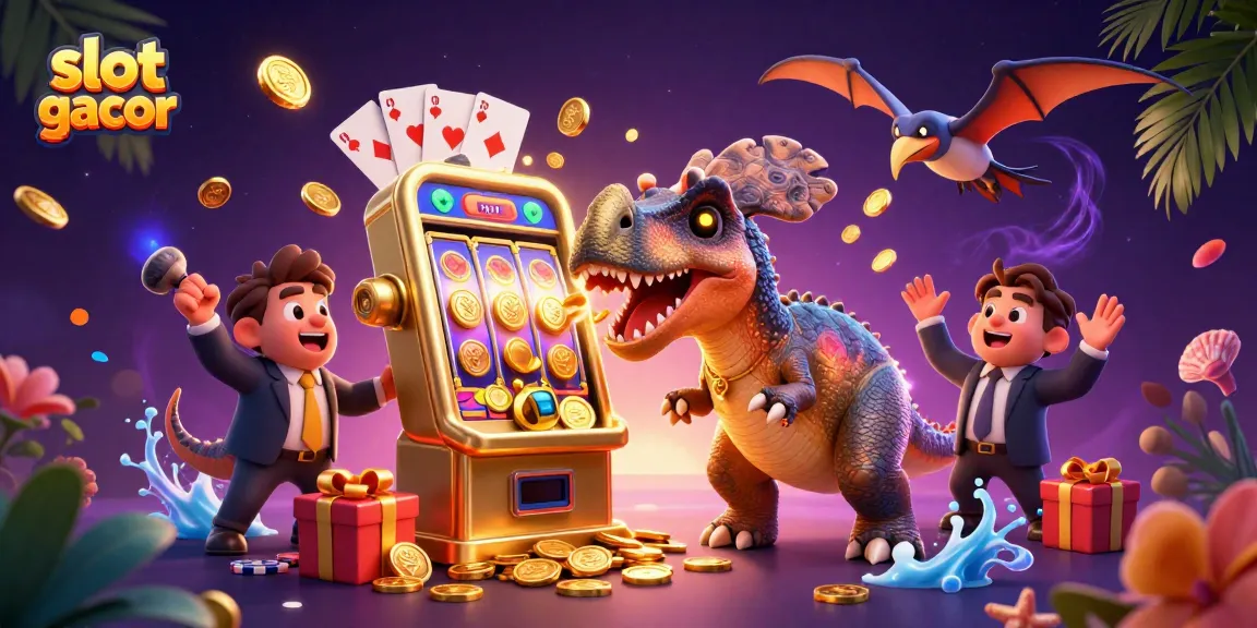 Engage with slot gacor excitement as a pachycephalosaurus hits a golden slot machine, coins flying everywhere!
