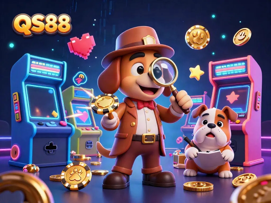 Engage with QS88 in a vibrant casino scene featuring a detective and treasure clues amid exciting game elements.