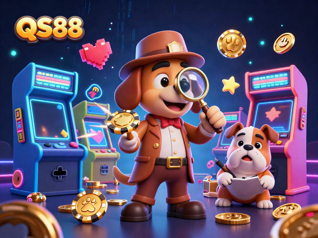 Engage with QS88 in a vibrant casino scene featuring a detective and treasure clues amid exciting game elements.