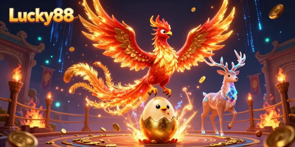 Experience thrilling gaming at Lucky88 with vibrant phoenix, mystical stag, and dynamic casino elements.