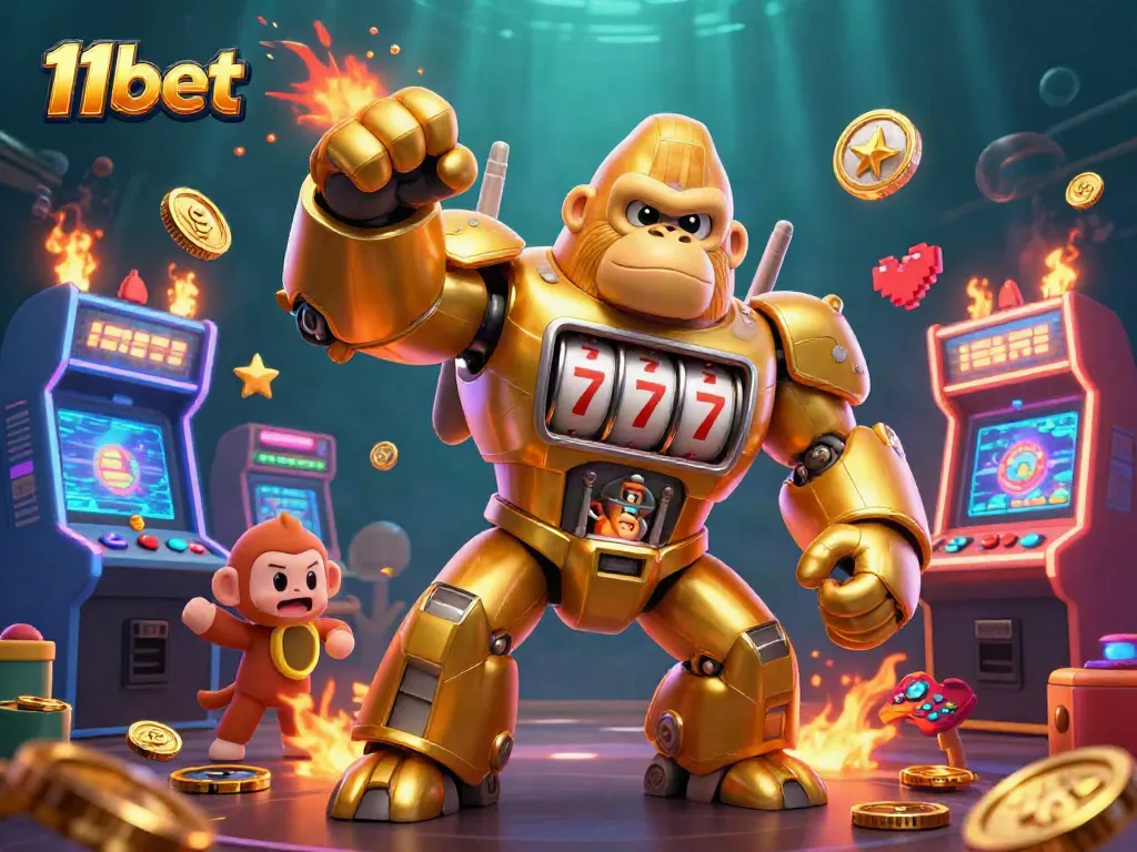 Engage with thrilling action at 11bet featuring a powerful golden gorilla mech amidst vibrant game elements.