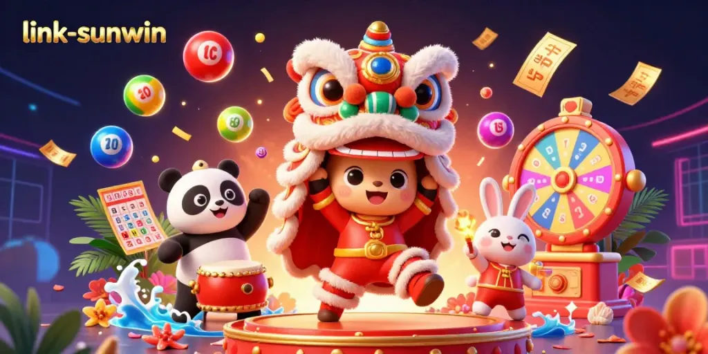 Join the festive fun at link-sunwin with vibrant characters celebrating gambling excitement!