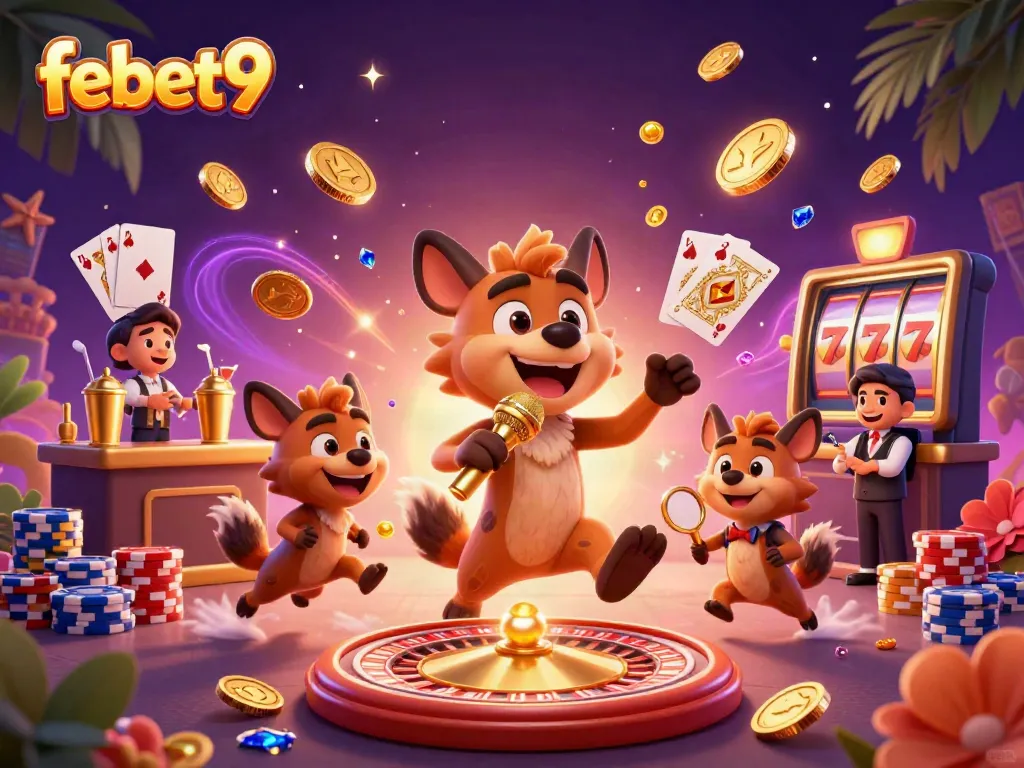 Experience the entertainment at febet9 casino with animated hyenas in a vibrant gambling scene.