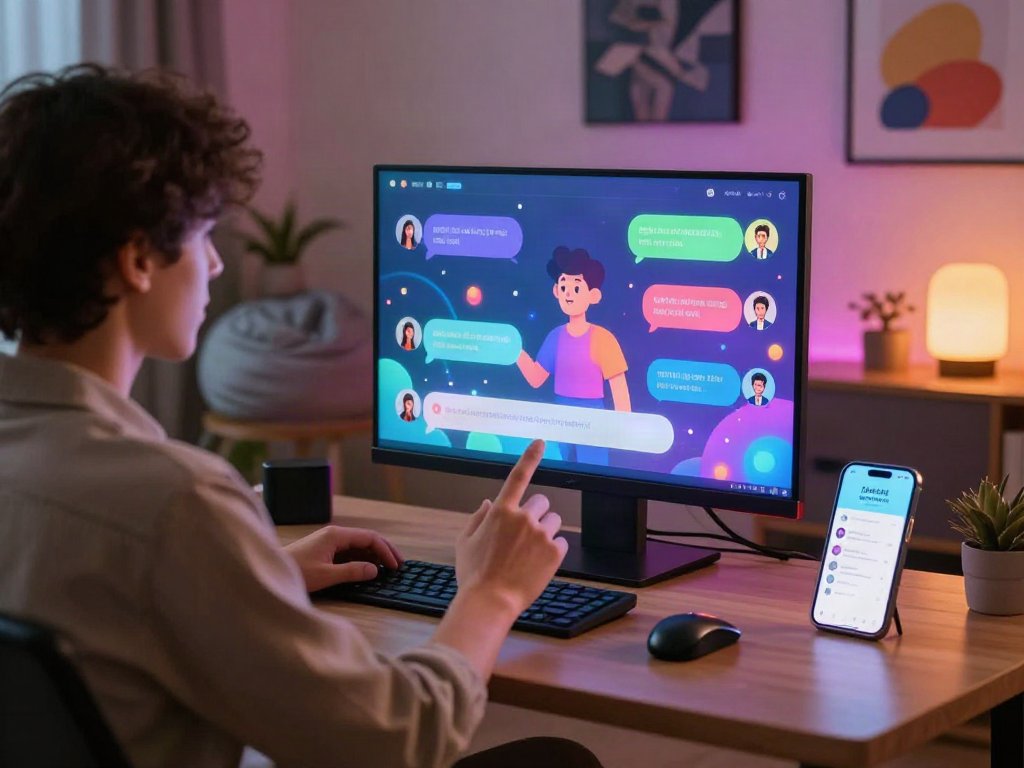 Engaging workspace with person using nsfw ai chat on holographic display