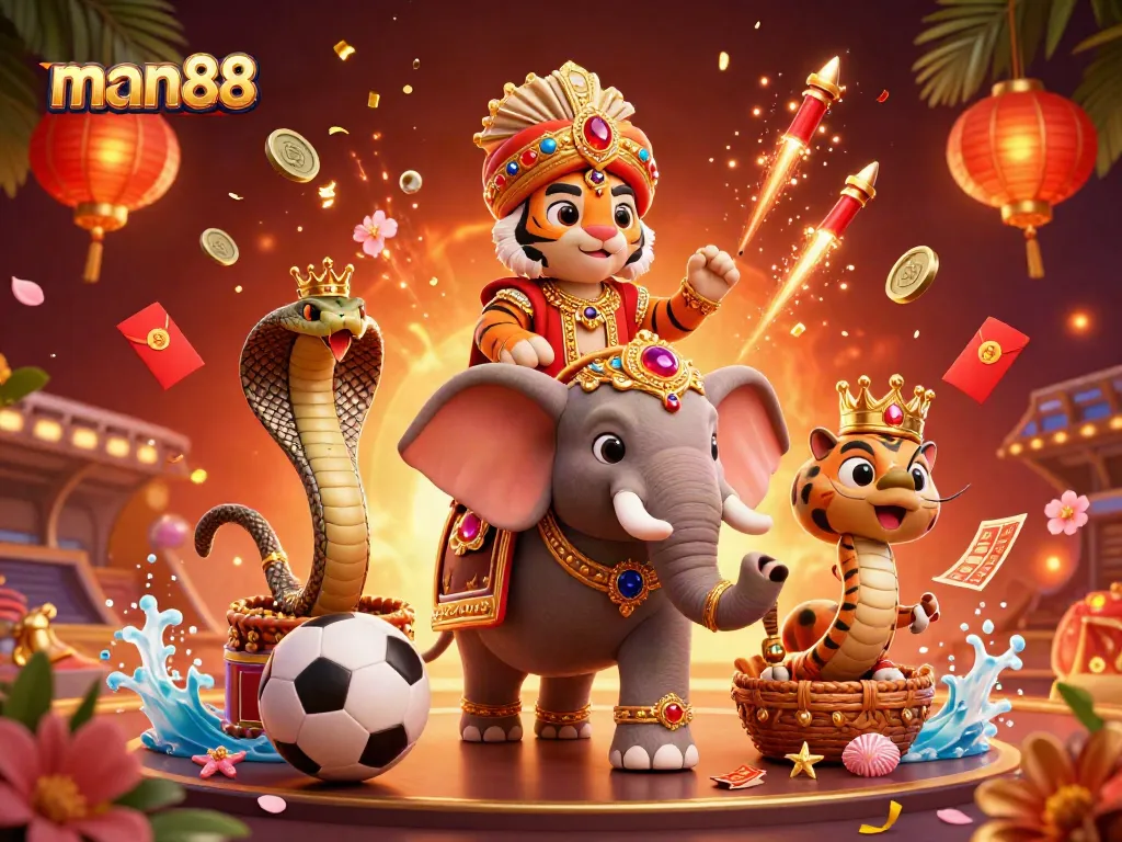 Join the thrill at man88 with tiger riding an elephant in an energetic sports betting scene.
