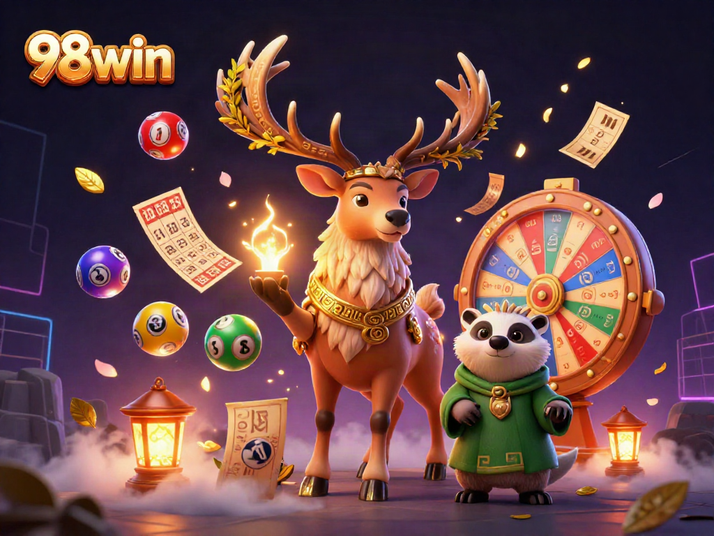Engage with 98win's vibrant casino magic through an exciting 3D illustration featuring lottery elements and mythical characters.