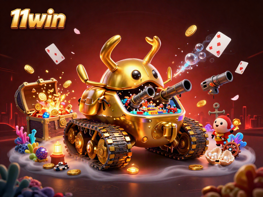 Explore festive casino fun at 11win with a massive golden beetle tank and dazzling game elements.