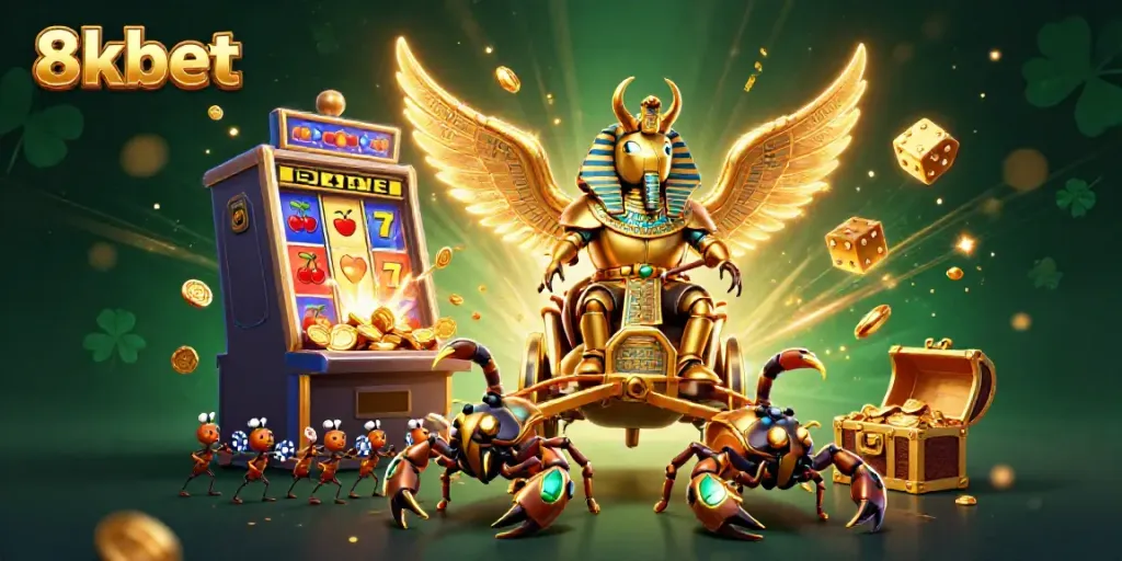 Experience the excitement of 8xbet with a vibrant 3D casino scene featuring a golden scarab beetle and thrilling game elements.