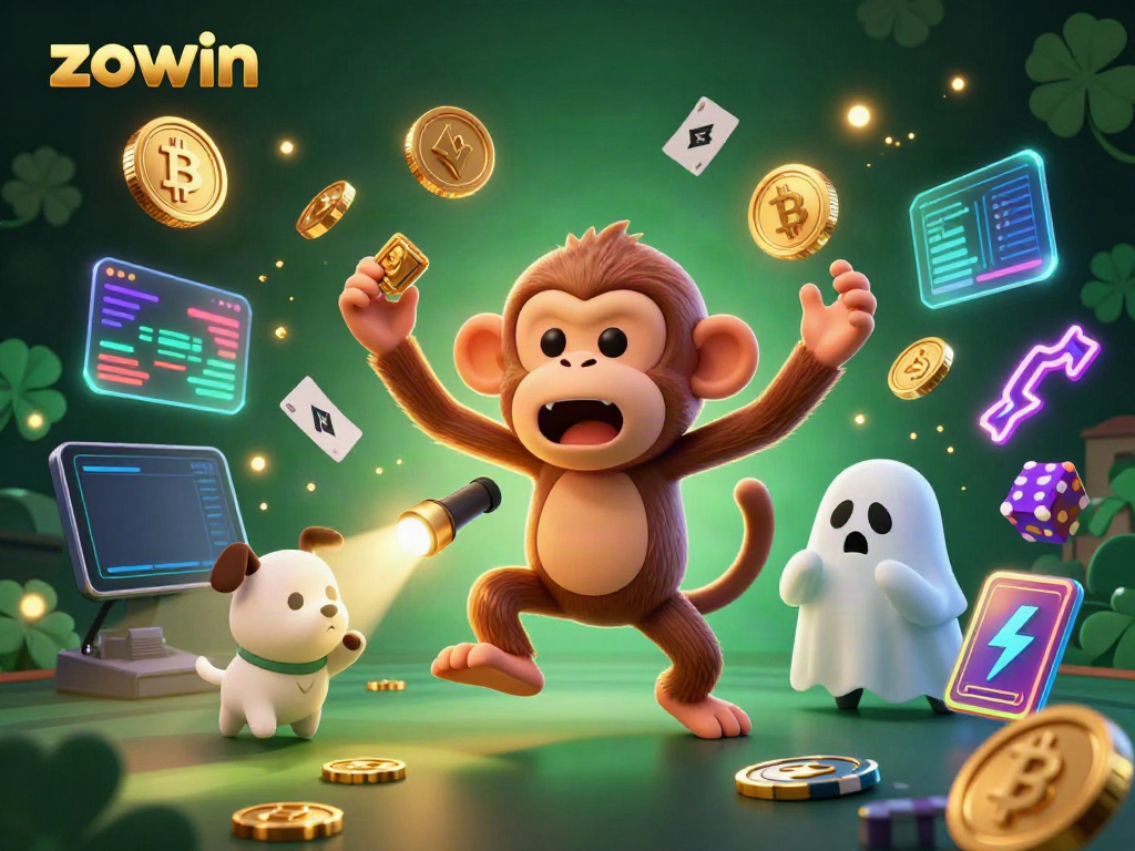 Zowin's enchanting gaming scene with a playful poltergeist monkey and ghost-hunter puppy illuminating the haunted casino atmosphere.