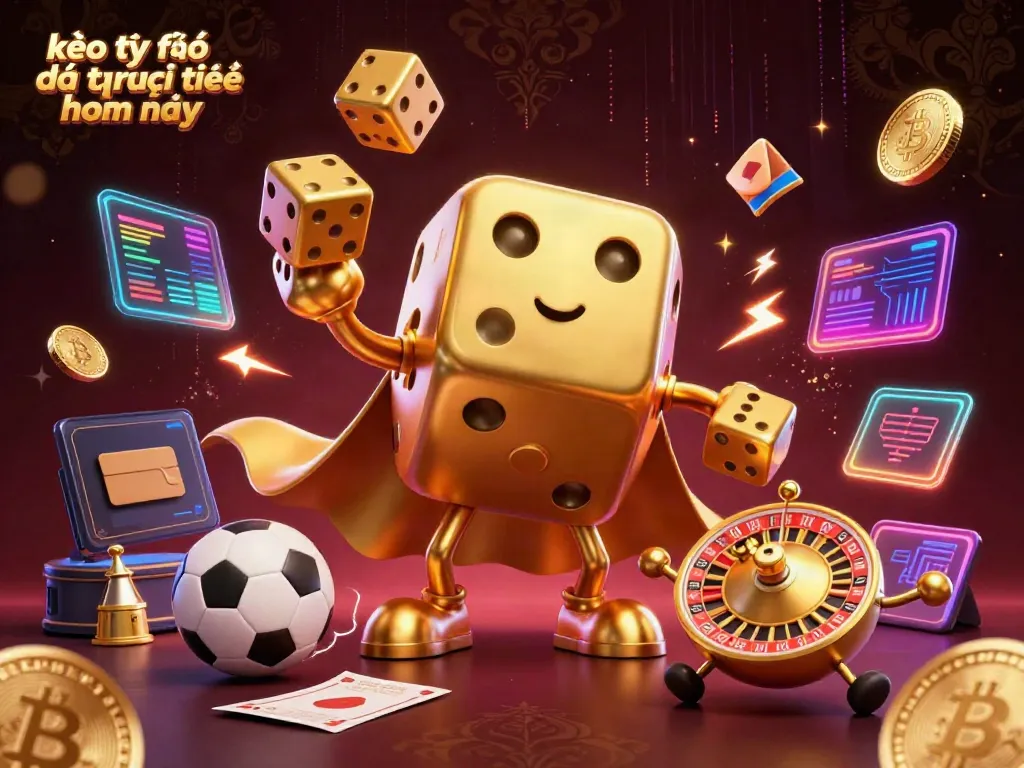 Experience kèo tỷ số bóng đá trực tuyến hôm nay with dynamic sports betting characters and elements in a vivid 3D scene.