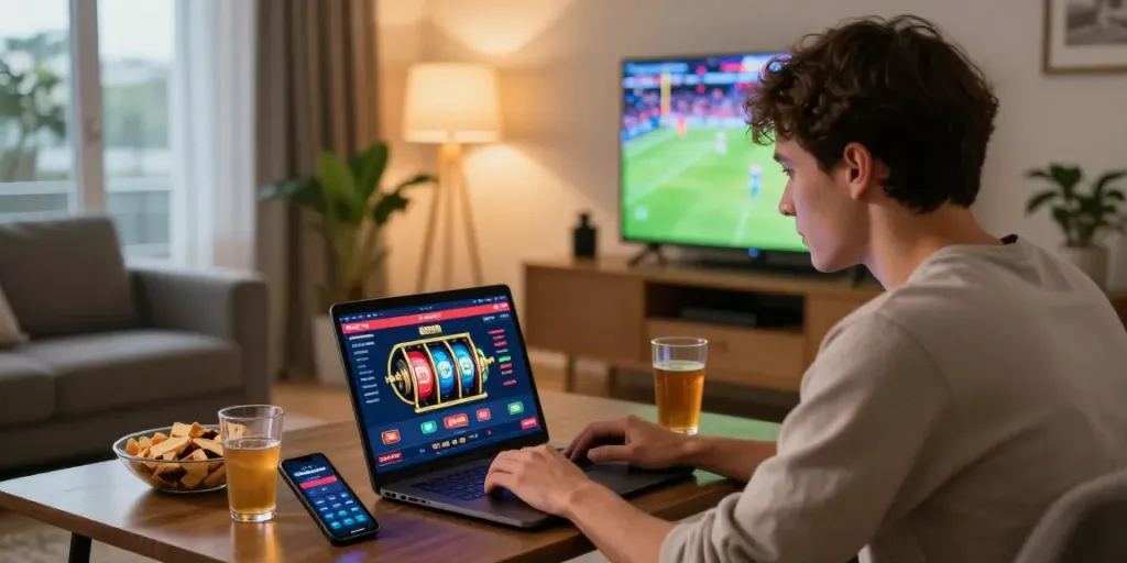 Engaged player exploring non gamstop casinos on laptop in a cozy living room.
