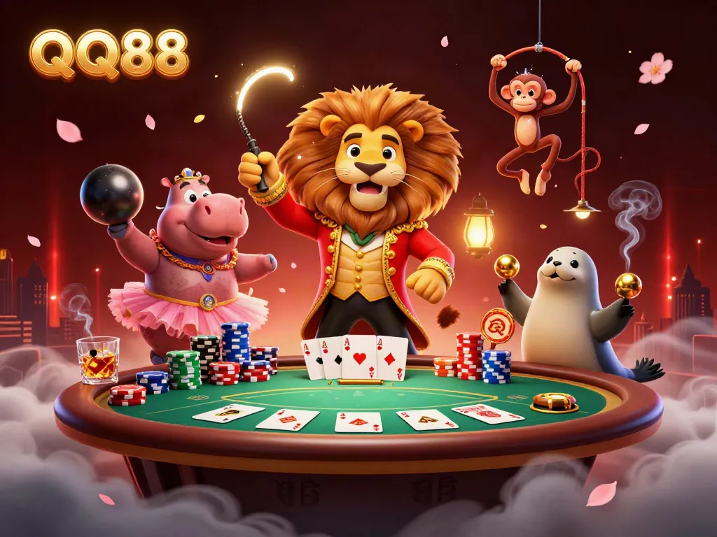 Experience exciting winnings with QQ88 through vibrant 3D circus characters at a lively poker table.
