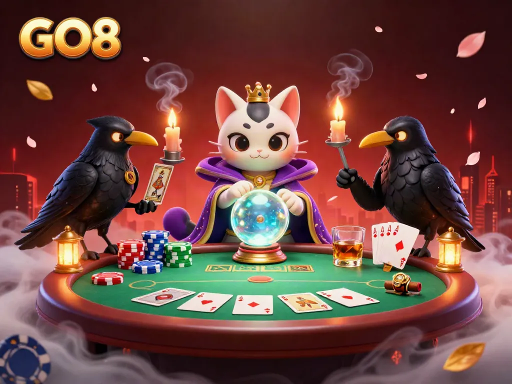 Engage in thrilling poker at GO8 with a mystical cat, raven, and vibrant chips in an enchanting scene.