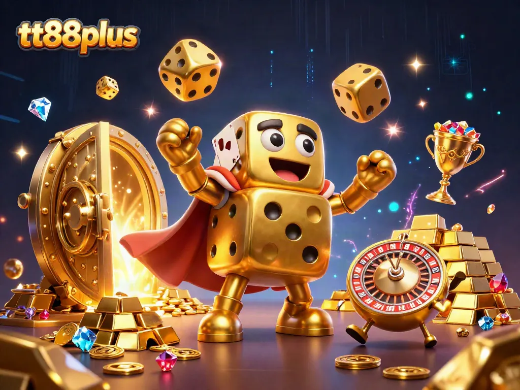 Experience the thrill of tt88plus with a dynamic illustration of a golden dice golem and treasures.