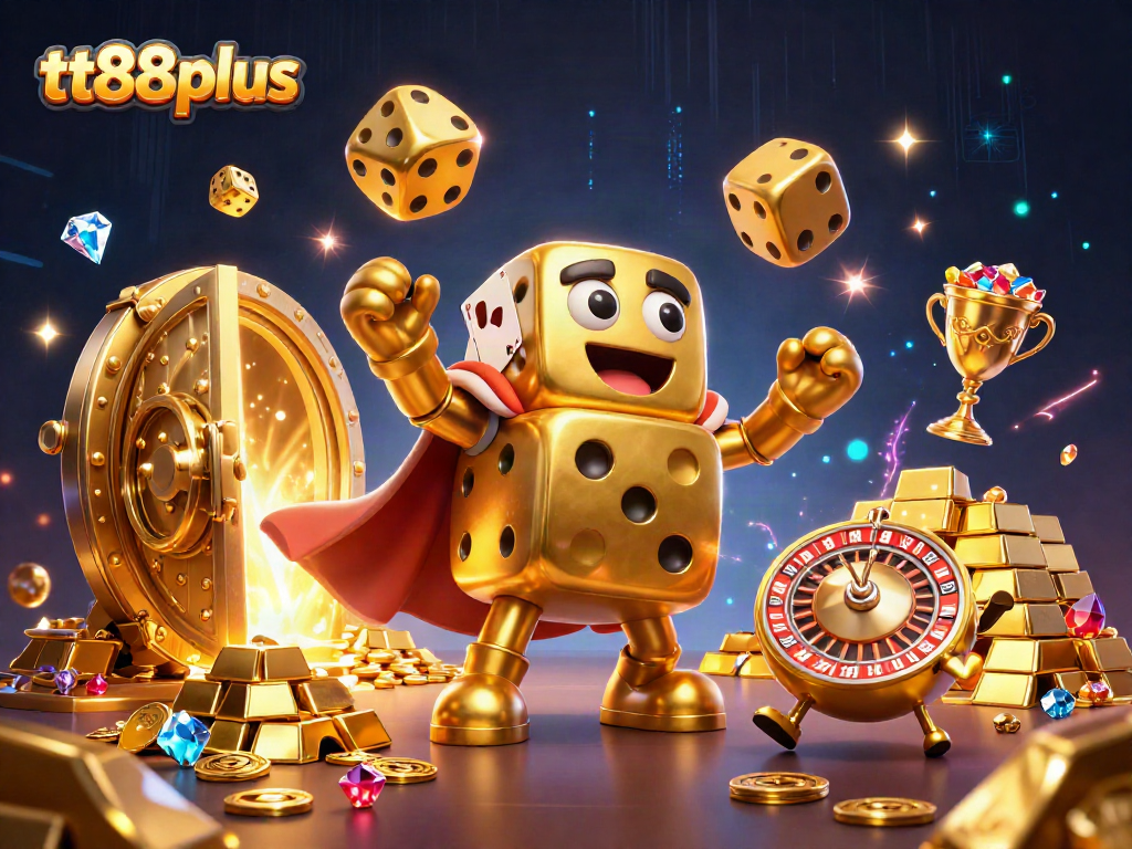 Experience the thrill of tt88plus with a dynamic illustration of a golden dice golem and treasures.