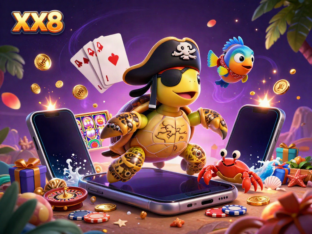 Engage in thrilling casino excitement with fun treasures featuring XX8 pirate turtle illustration.