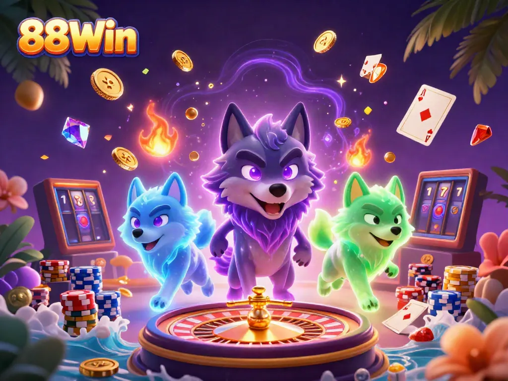 88Win players enjoy casino excitement surrounded by colorful elements and winning symbols.