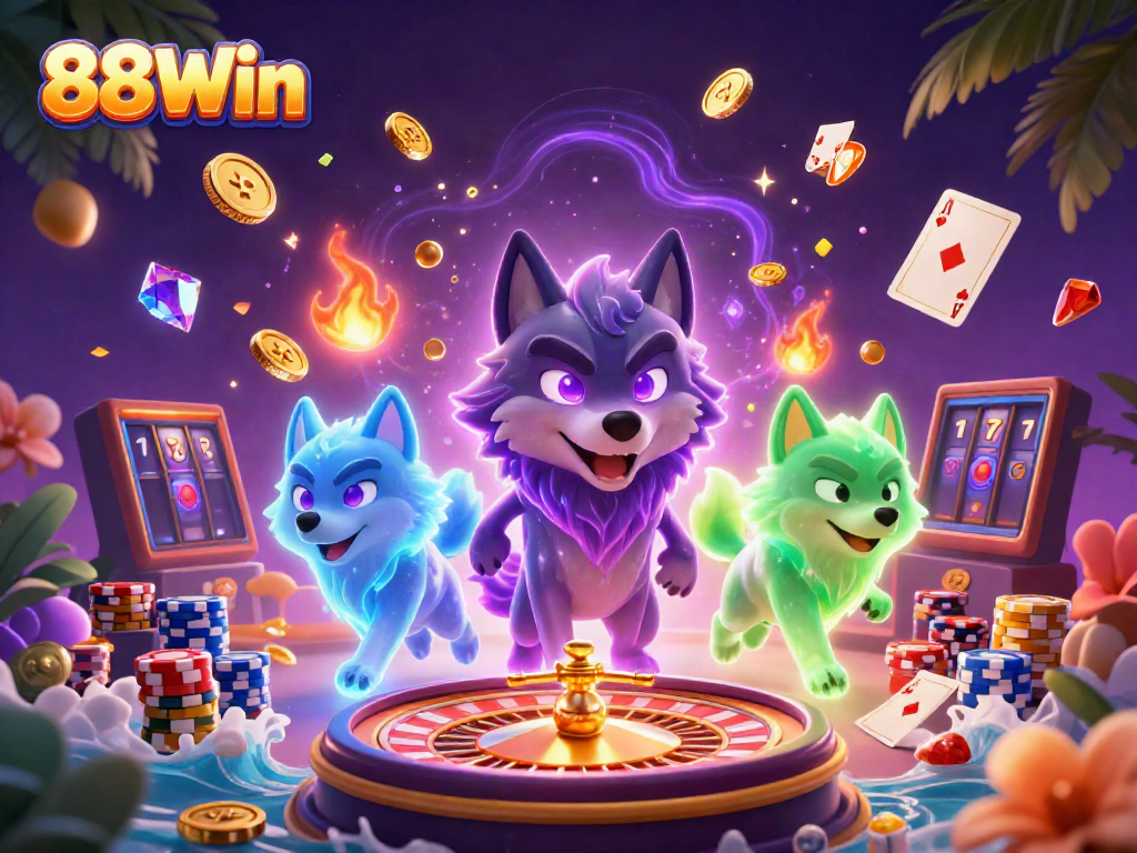 88Win players enjoy casino excitement surrounded by colorful elements and winning symbols.