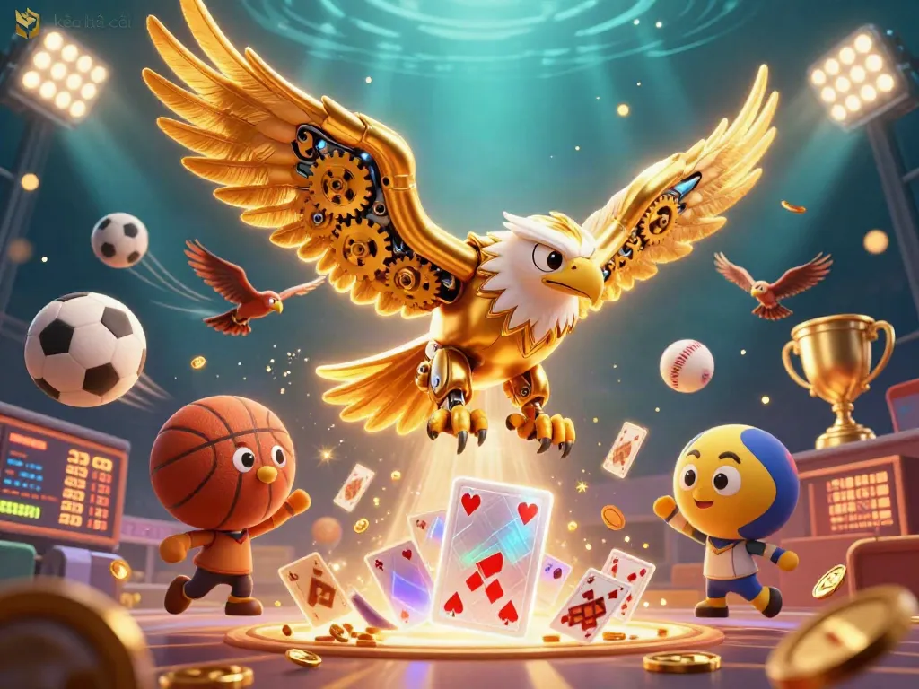 Experience the excitement of kèo nhà cái with a dynamic underwater scene featuring a cybernetic eagle and holographic sports elements.
