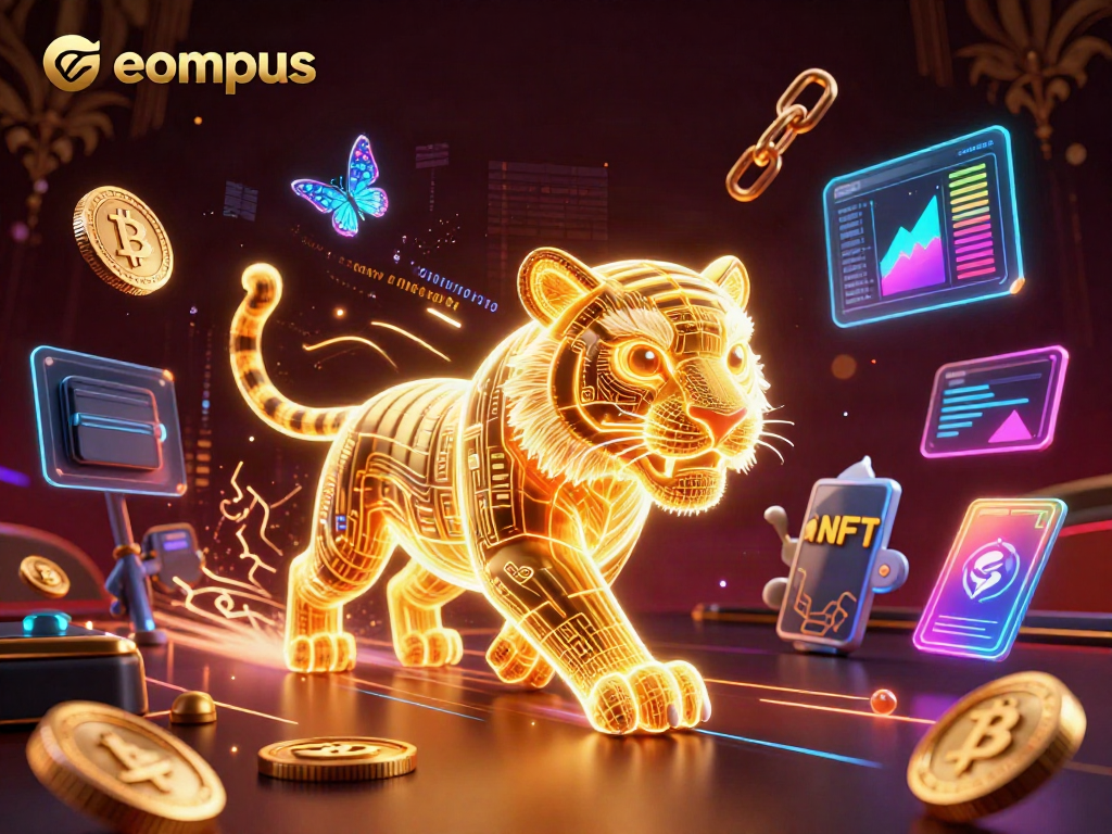 Experience thrilling casino action with ecompus in a vibrant 3D digital landscape featuring illuminating characters and crypto elements.